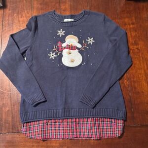 Christopher & Banks‎ Women's Blue Snowman Plaid Layered Sweater Size M Christmas